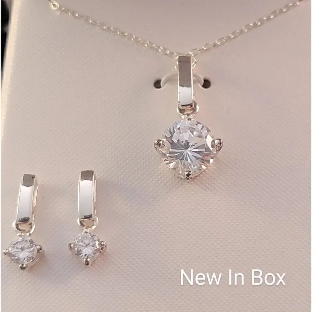 Sterling Contemporary Drop Clear CZ Round Pendant Necklace Earrings Set - …